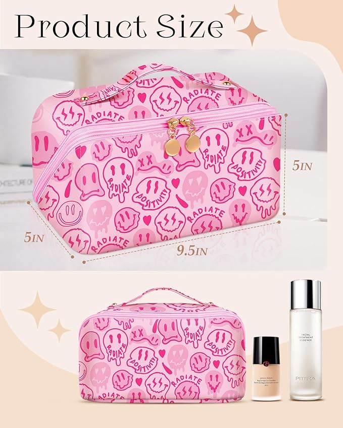 Bistup Makeup Bag Travel Cosmetic Bag Toiletry Make Up Bags Cute Women Large Capacity Big Medium Leather Portable Teen Girls Teenage Kawaii Foldable Expandable Y2K Compact Open Flat Zip
