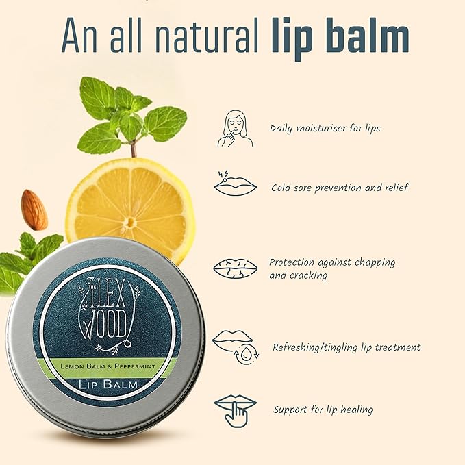 The Ilex Wood - All Natural Lip Balm - Lemon Balm and Peppermint - Cold Sore Treatment for Lips, Palm Oil Free, Cruelty Free, Plastic Free, Moisturising Lip Balm, Handcrafted - 10ml (0.34 fl oz)