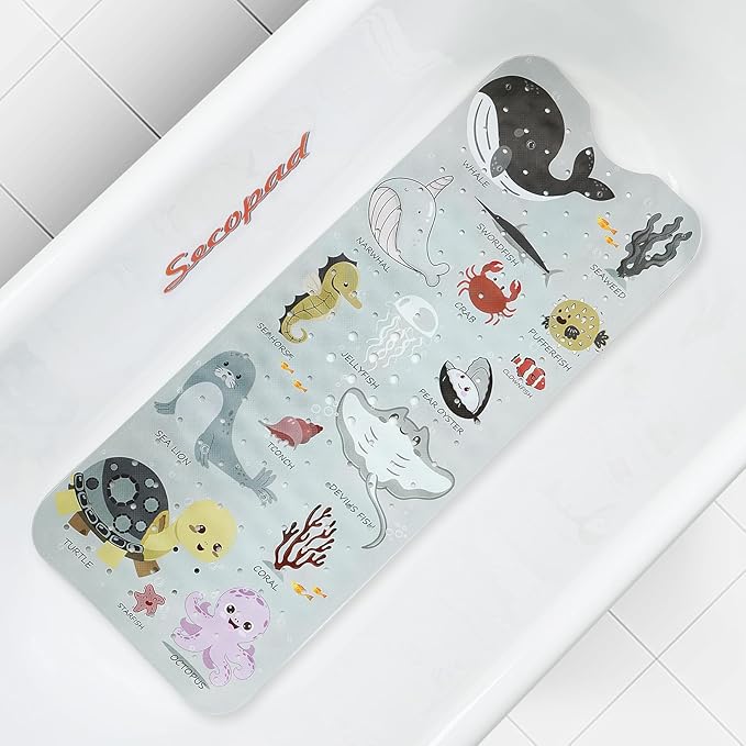 Bath Mat for Tub Non Slip, Machine Washable Anti-Slip Cartoon Baby Bathtub Shower Mat with Drain Holes and Suction Cups for Toddler & Kids, 40 Inch x 16 Inch, Greige Sea Animals