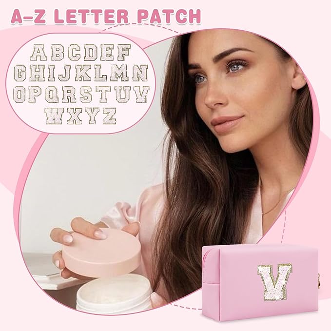 Small Personalized Initial A-Z Patch Makeup Bag,Pink Cute PU Leather Glitter Letter Cosmetic Bag for Teen Girls,Travel Toiletry Bag with Zipper,Preppy Monogrammed Birthday Gift for Daughter Niece V