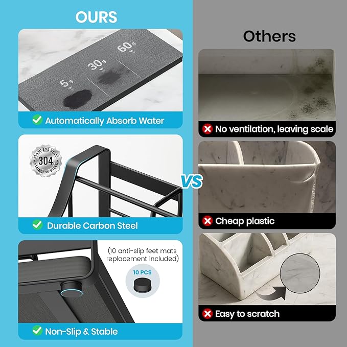 BOTEMY Toothbrush Holder with Instant Drying Stone - Bathroom Counter Organizer, Kids Electric Toothbrush Toothpaste Holders, Bathroom Sink Organizers and Storage,Black