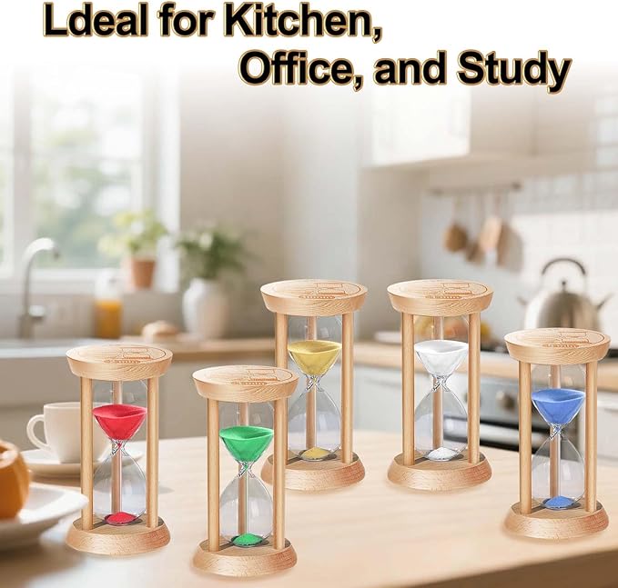 Sand Hourglass Timer, 1/2/3/5/10 Minutes Wooden Sand Clock, Colorful Hour Glass Reloj De Arena, Small Sandglass Timer for Classroom, Home Decorative, Games (5 pcs)