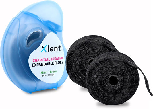 Xlent Expandable Floss Treated Activated Charcoal, Xylitol Natural Based Wax Fresh Mint Flavor | 3 Count (1 50 m Floss Blue Container Plus 2 50 m Refill Bobbins), 3 Count (1 Blister Card+2 Refill)