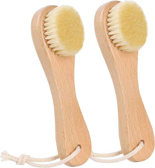Wooden Face Dry Brush with Natural Boar Bristle 2-Pack Exfoliating Facial Dry Brush with Hanging Rope - Gentle for Face & Body Cleaning