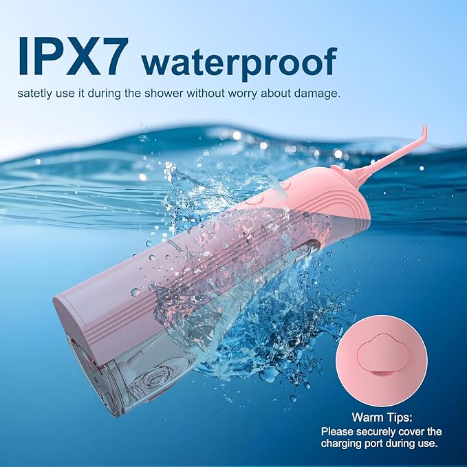 Leominor Water Dental Flosser - 5 Modes Cordless Portable Oral Irrigator, IPX7 Waterproof, Rechargeable Teeth Cleaner Upgrade Datchable Tank Professional Flossing Cleaning Pick for Home Travel (Pink)