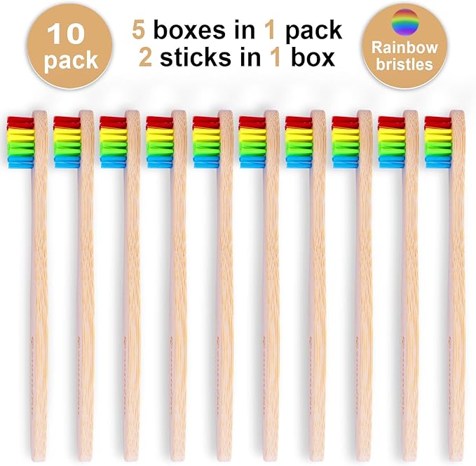 Eco-Friendly Bamboo Toothbrushes for Kids, 10 Pack Medium Bristles Rainbow, Biodegradable Natural Bamboo Handle,Plastic-Free & Sustainable Oral Care for Children