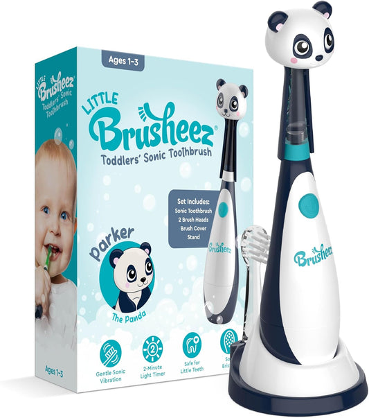 Brusheez Little Toddlers’ Sonic Toothbrush - Safe & Gentle Toothbrush for Ages 1-3 with Built-in, Light-Up 2-Minute Timer, Extra Brush Head, & Storage Base for First-Time Brushers (Parker The Panda)