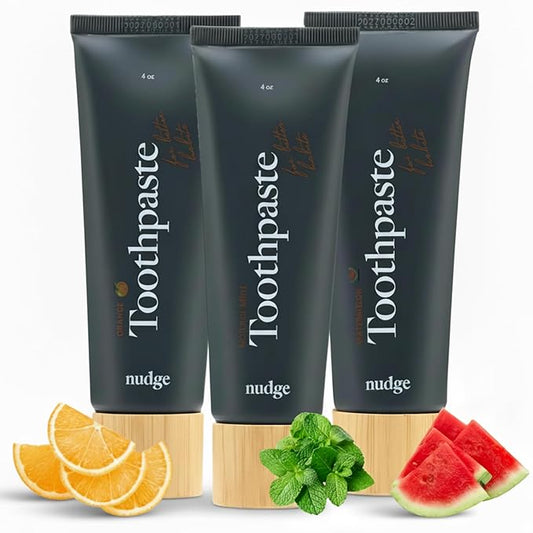 Nudge Toothpaste Variety Pack, 10% Nano Hydroxyapatite, Natural Mint, Orange, and Watermelon, Fluoride Free, SLS Free, Remin+ Formula, 3 x 4 oz Tubes