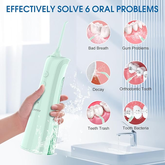 Leominor Water Flosser - 5 Modes Cordless Portable Oral Irrigator, IPX7 Waterproof, Rechargeable Teeth Cleaner Professional Flossing Cleaning Pick for Home Travel (Green)