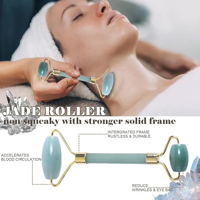 Jade roller and gua sha, facial roller, women's skincare tool, self-care gift, face, eye, neck massager, relieves fine lines and wrinkles, aventurine, opal, rose quartz