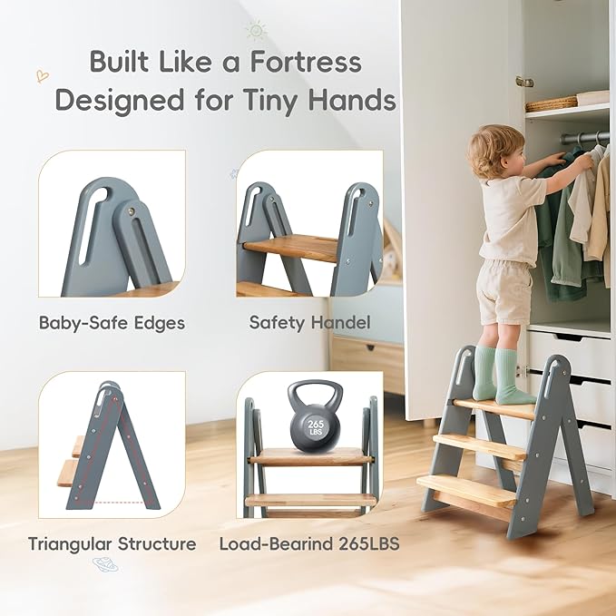 Step Stool for Toddler, 3-Step Kids Step Stool for Bathroom Sink, Foldable Toilet Potty Training Stool with Handles, Child Kitchen Counter Stool Helper Wooden Ladder for Toddlers (Grey)