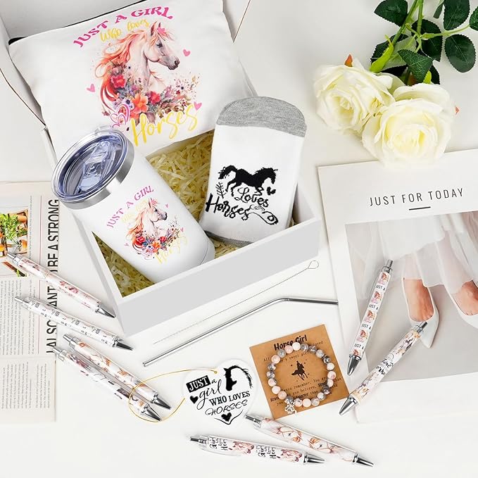 Horse Gift for Girls Horse Gifts for Horse Lovers 13pcs Gift Set with Tumbler Makeup Bag Socks Bracelet Ballpoint Pens Acrylic Keychain Birthday Gifts for Women Valentines Day Gifts for Her