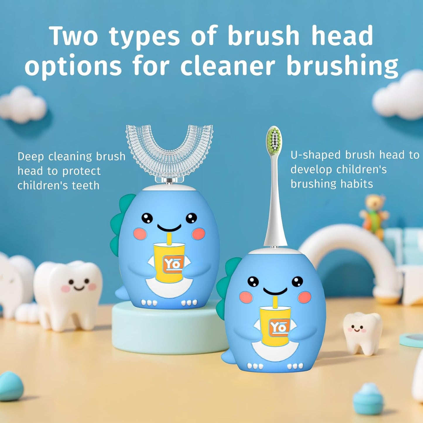 Kids U Shaped Electric Toothbrush，auto Sonic Baby Toothbrush，Cartoon Dinosaur 360-Degree Cleaning IPX7 Waterproof Design（2-7y）
