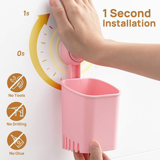 LEVERLOC Powerful Suction Toothbrush Holder 2 Pack, Removable Drill-Free Wall Shower Holder for Toothbrush, Toothpaste, Razor, Self-draining Suction Cup in Shower, Kitchen Tableware Organizer, Pink