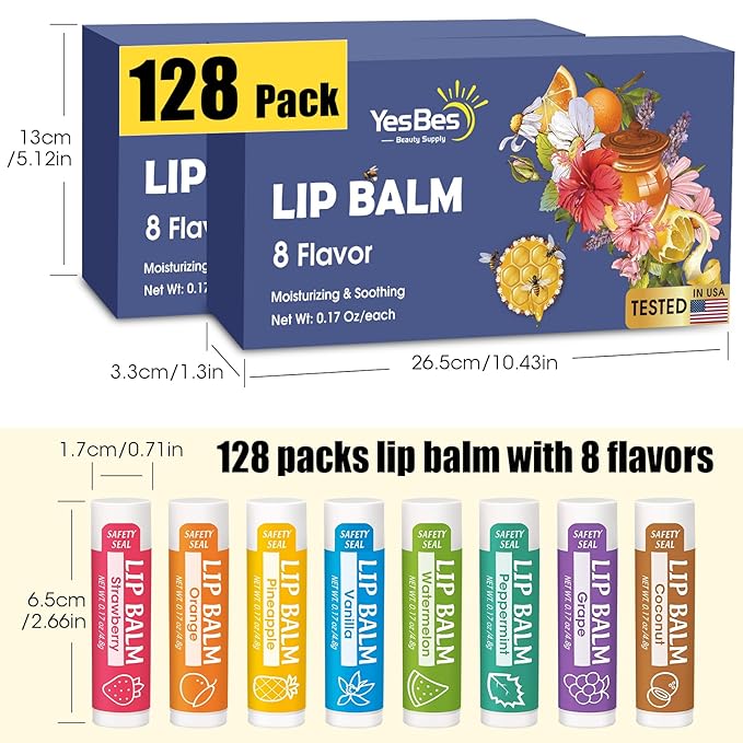 128 Pack Lip Balm, Natural Lip Balm Bulk with Vitamin E and Coconut Oil, Moisturizing Lip Balms for Dry Cracked Lips, Lip Balms for Stocking Stuffers - 8 Flavors