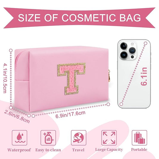 Personalized Initial A-Z Preppy Patch Makeup Bag,Small PU Leather Chenille Letter Cosmetic Bag with Zipper for Teen Girls,Pink Cute Travel Toiletry Bag,Birthday Monogrammed Gift for Daughter,Letter T