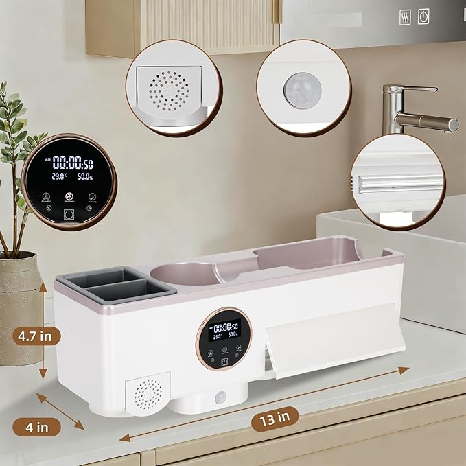 Toothbrush Holder with UV Toothbrush Sanitizer, White Hair Dryer Holder with Timer Function and Touch Screen, Smart Home Bathroom Accessories with Automatic Hand Drying and Sensor Light for Bathroom