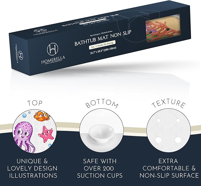 Bath Tub Mat Non Slip Anti Mold for Kids BPA Free INCL Hooks - homerella® Ocean Sea Animals 40x16, Baby Bath Mat Non Slip 200 Suction Cups, Non Toxic Machine Washable Toddler Bath Mat, EU Certified