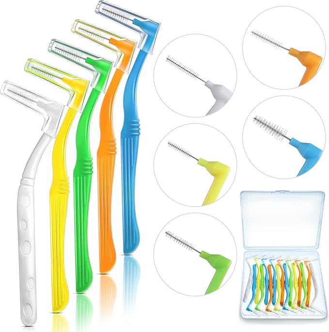 Honeydak 20 Pcs L-Shaped Interdental Brushes 5 Sizes Dental Braces Toothbrush Soft with Non-Slip Handle Angled Head Tooth Picks Floss Sticks Dental Floss Brushes for Oral Cleaning