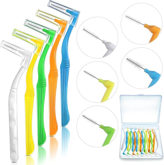 Honeydak 20 Pcs L-Shaped Interdental Brushes 5 Sizes Dental Braces Toothbrush Soft with Non-Slip Handle Angled Head Tooth Picks Floss Sticks Dental Floss Brushes for Oral Cleaning