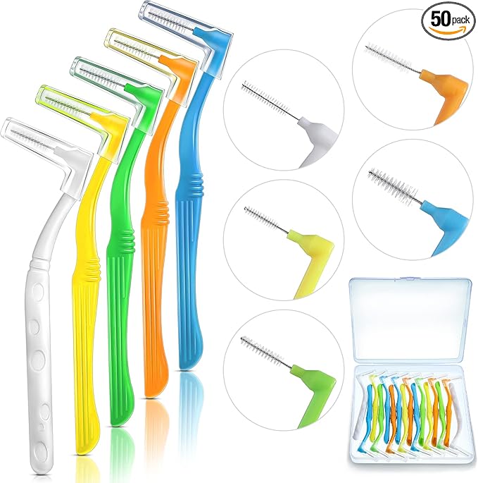 Honeydak 50 Pcs L-Shaped Interdental Brushes 5 Sizes Dental Braces Toothbrush Soft with Non-Slip Handle Angled Head Tooth Picks Floss Sticks Dental Floss Brushes for Oral Cleaning
