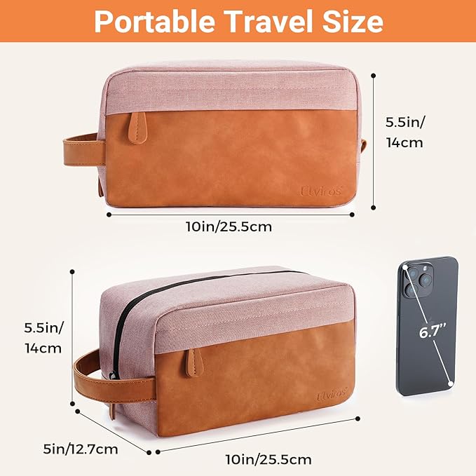 Elviros Travel Toiletry Bag for Men, Hanging Toiletries Bag Water Repellent Dopp Kit PU Leather Travel Bag for Toiletries Accessories, Pink