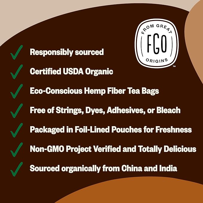 FGO Organic Chai Tea, 100 Count, Eco-Conscious Tea Bags, Resealable Bag, Packaging May Vary (Pack of 1)