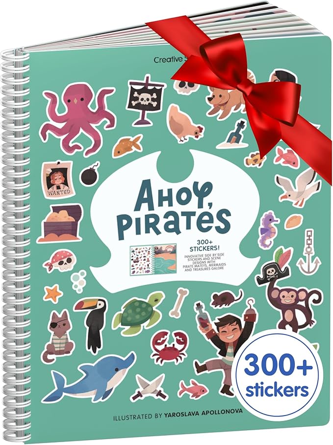 Cupkin Pirate Sticker Book Activity for Kids, Toddler Airplane Travel Essentials, 300+ Pirate Stickers for Kids + 8 Scenes + 8 Coloring Book Pages, Gift for Boys and Girls, Small Sticker Book
