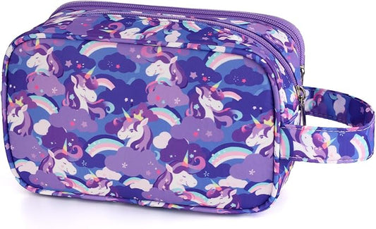 Unicorn Kids Toiletry Bag for Girls, Travel Toiletry Bag for Little Young Girls Cosmetic Bag Makeup Bag Waterproof Hanging Wash Bag Toddler Toiletries, Purple