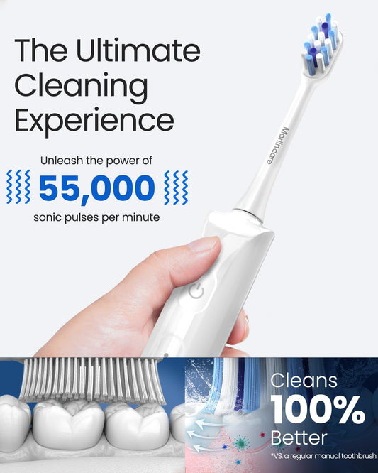 Electric Toothbrush for Adults, Rechargeable Sonic Travel Toothbrush Teens with 4 Brush Heads-180 Days Battery Life, 55000VPM, 5 Modes Smart Timer& Travel Case, White