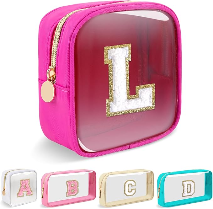 Mini Clear Personalized Initial Makeup Bag,Nylon Preppy A-Z Chenille Letter Patch Zipper Cosmetic Bag, Small Cute Beach Pouch Travel Purse Sanitary Napkin Storage Bag for Women Girls(Hot Pink-White L)