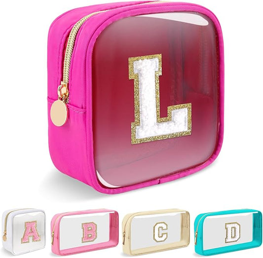 Mini Clear Personalized Initial Makeup Bag,Nylon Preppy A-Z Chenille Letter Patch Zipper Cosmetic Bag, Small Cute Beach Pouch Travel Purse Sanitary Napkin Storage Bag for Women Girls(Hot Pink-White L)