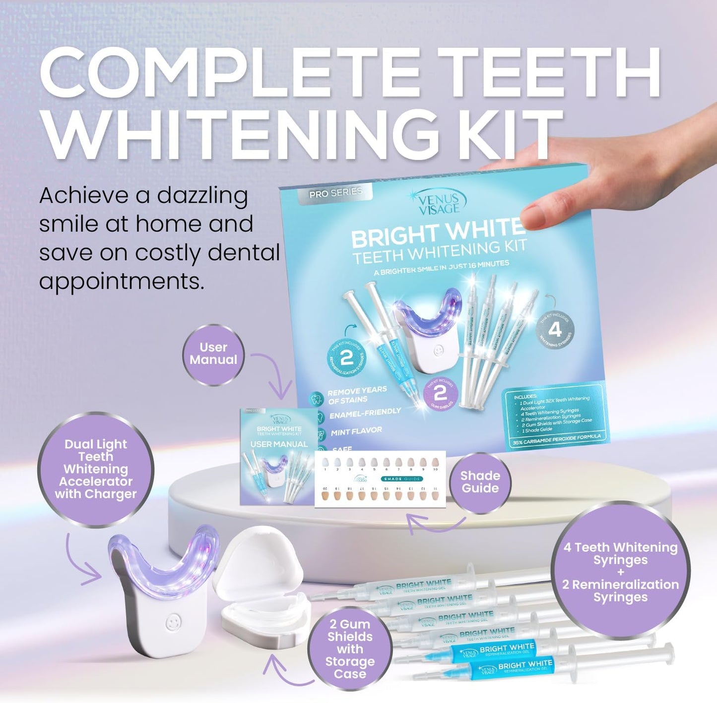 Venus Visage LED Teeth Whitening Kit with 4X 35% Carbamide Peroxide Teeth Whitening Gel Syringes, 2X Remineralization Gel Syringes, Whitener Trays, LED Whitener Device & Shade Guide