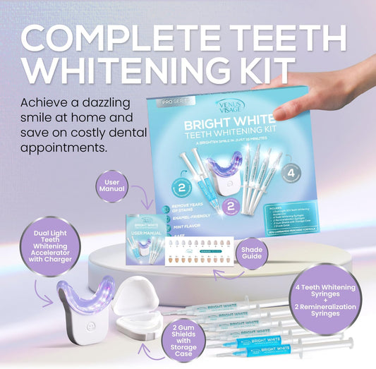 Venus Visage LED Teeth Whitening Kit with 4X 35% Carbamide Peroxide Teeth Whitening Gel Syringes, 2X Remineralization Gel Syringes, Whitener Trays, LED Whitener Device & Shade Guide