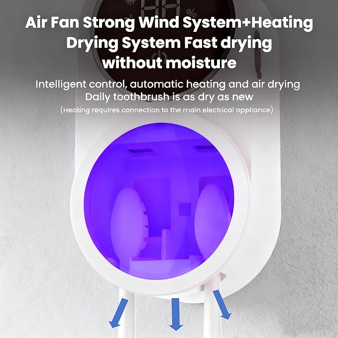 KLUEHOME UV Toothbrush Sanitizer & Holder,Dryer for Bathroom, LED Smart Screen, Cleaning and Air Drying, Mirror Wall Mounted,Fits Most Electric, Manual and Kids’ Toothbrushes