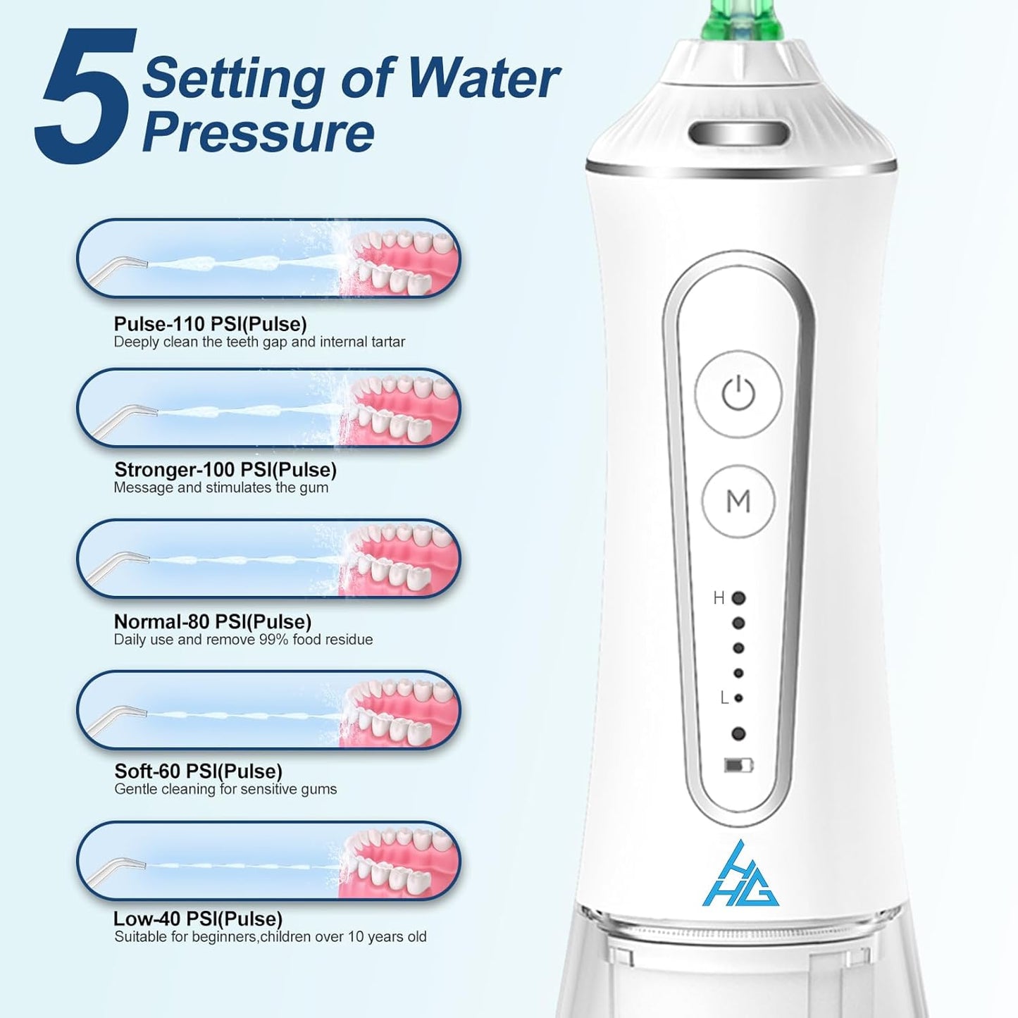 Dental Flosser with 5 Modes, Cordless Travel Dental Flosser, Rechargable, Long Lasting Battery, 300ml Water Tank, Travel Friendly. FDA Accepted.