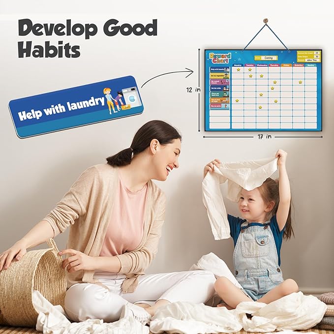 inamio Magnetic Kids Responsibility Reward Chart - Engaging 3D Stars & Chore Tasks - Behavior Chart for Home & School - Ideal for Ages 3-9, Multiple Kids