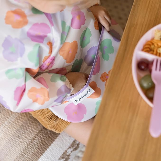 Tiny Twinkle Long Sleeve Bib for Babies & Toddlers – Waterproof Smock Bib for Eating – Machine Washable & Mess-Proof, Baby Feeding Essential & Shower Must-Have(Floral Pop, 6–24M)