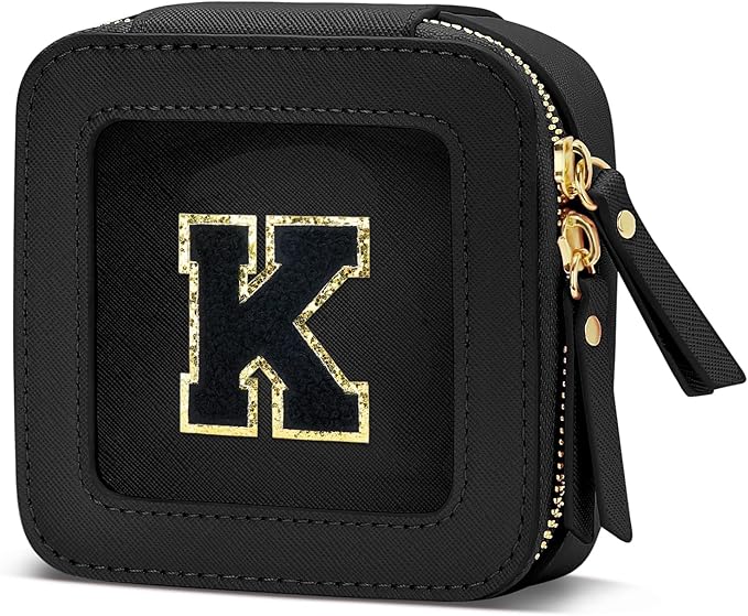 Initial Travel Toiletry Bag - Cosmetic Bags for Girls with Zipper, Clear & Potable Girls Makeup Bag for Travel, Small Cosmetic Pouch Perfect Gifts for Graduation (Black, K)