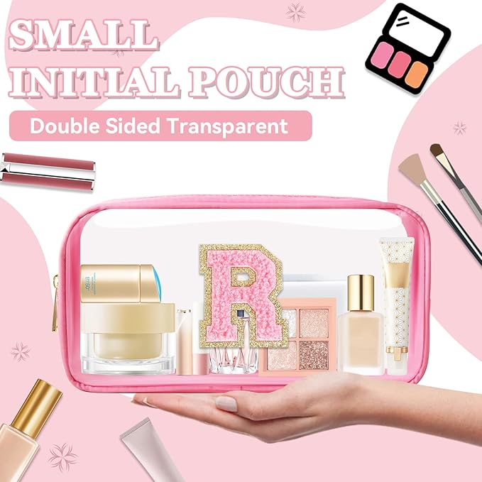 Small Clear Personalized Initial Makeup Bag,Nylon Preppy A-Z Chenille Letter Patch Cosmetic Pouch Beach Toiletry Bag,Waterproof Zipper Travel Purse Storage Bag Organizer for Women Girls(Pink-Pink R)