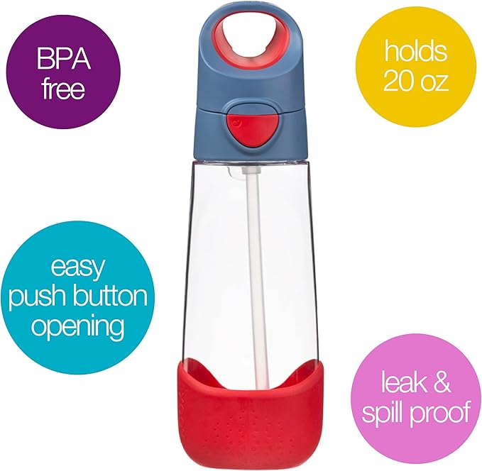 b.box 20oz Tritan Kids Water Bottle –Toddler Drink Bottle with Straw for School, Daycare, Travel w/Easy-Grip Triangular Design, Leak Proof Lid & Handle, BPA Free, Dishwasher Safe (Blue Blaze)