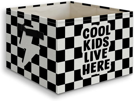 Cool Kids Live Here Boy Foldable Storage Bins Box with Handles, Black and White Checkered Collapsible Organizer Basket for Kids Boys Bedroom Bathroom Nursery Playroom Clothes Toys Books