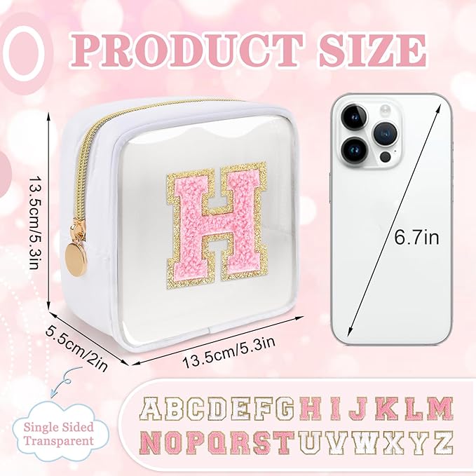 Mini Clear Personalized Initial Makeup Bag,Nylon Preppy A-Z Chenille Letter Patch Zipper Cosmetic Bag, Small Cute Beach Pouch Travel Purse Sanitary Napkin Storage Bag for Women Girls(White-Pink H)