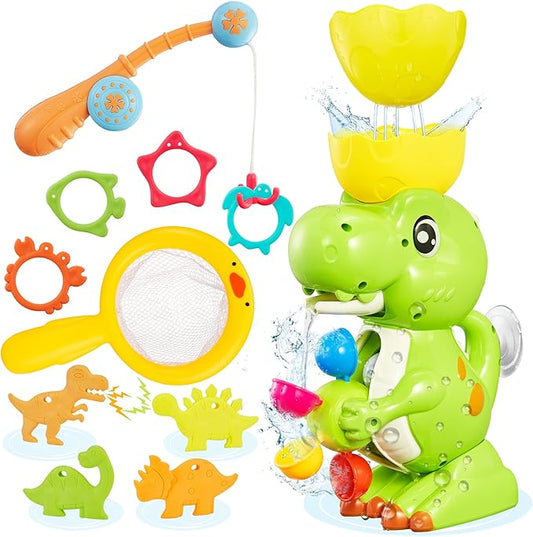 EKU Dinosaur Bath Toys for Kids Toddler Age 18months+ Mold Free Water Wheels and Fishing Games Bathtub Tub Bath Time Play Girls Boys Color Sound Movement Interactive