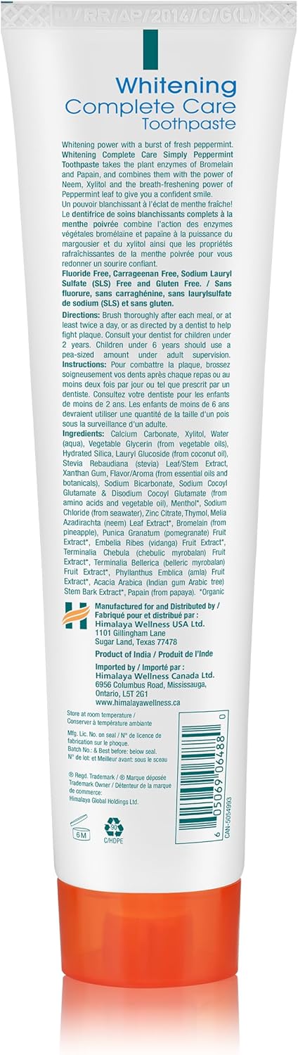 Himalaya Botanique Complete Care Whitening Toothpaste, Simply Peppermint, Fluoride Free for a Clean Mouth, Whiter Teeth and Fresh Breath, 5.29 oz, 2 Pack