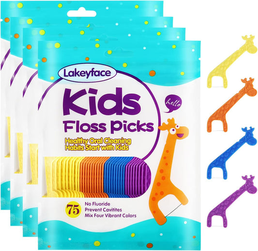 300 Count Kids Flossers, Cute Giraffe Kids Floss Picks, No Fluoride BPA Free Dental Floss Picks, Unflavored Flossers for Kid, 4 Colors, 75 Count (Pack of 4)