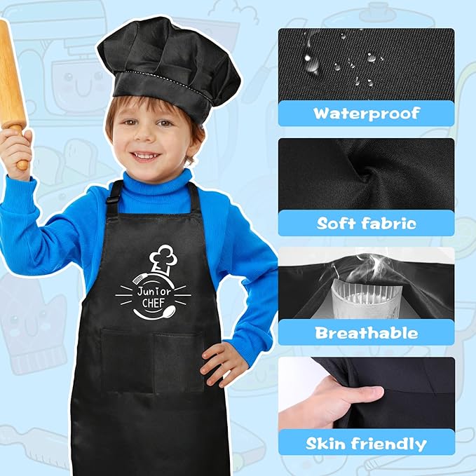 Kids Apron and Chef Hat Set, “Junior CHEF” Funny Apron Adjustable Kitchen Apron Cooking Baking Painting with 2 Pockets for Boys and Girls