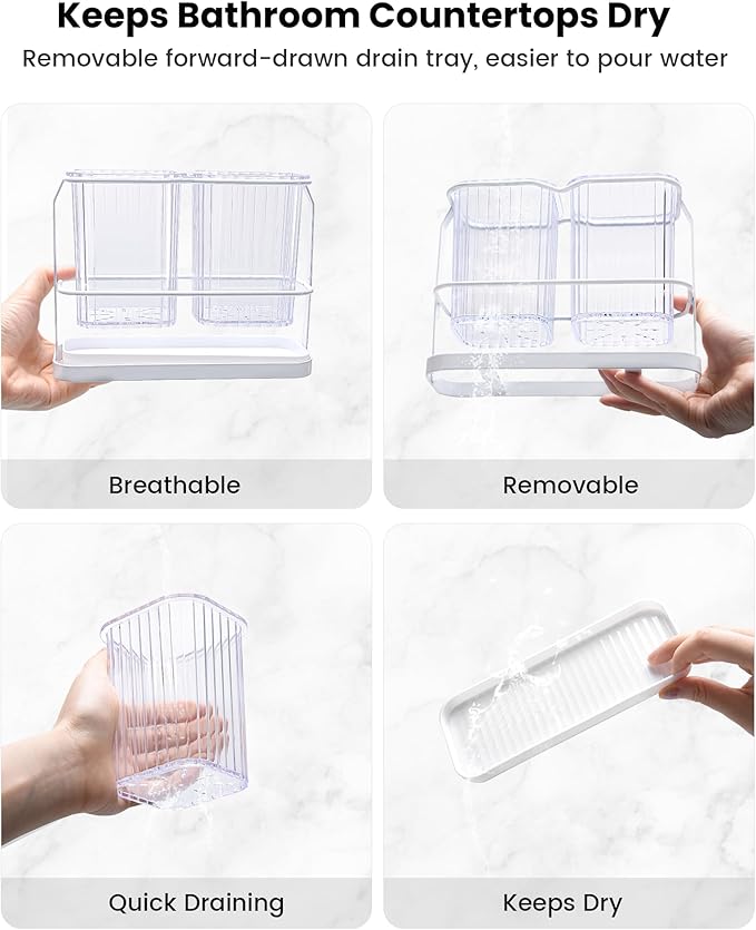 KONE Clear Toothbrush Holders for Bathroom, 2 Cups Wall Mounted, Dry & Wet Separation, Organizers and Storage Set for Family Kids