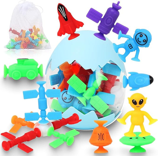 Suction Bath Toys for Kids, 20 Pcs No Hole Outer Space Bath Toy with Eggshell & Bag, Silicone Suction Cup Toys, Sensory Window Building Toys for Toddlers Boys Girls 3 4 5 6 Year Old