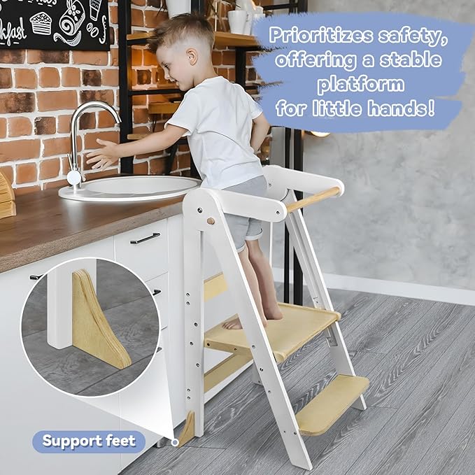 Foldable Toddler Kitchen Tower with Safety Rail, 3-Level Height Adjustable Montessori Kitchen Step Stool Helper, Standing Tower for Kids 2-6 Years, Toddler Helper Stool for Bathroom